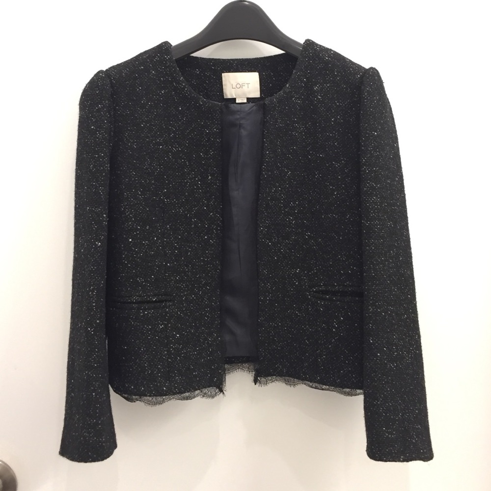 LOFT Tweed & Lace Open Collarless Jacket